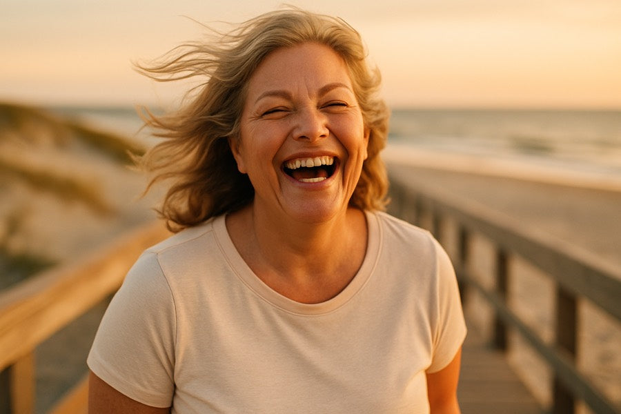 Laughing on a beach boardwalk at sunset