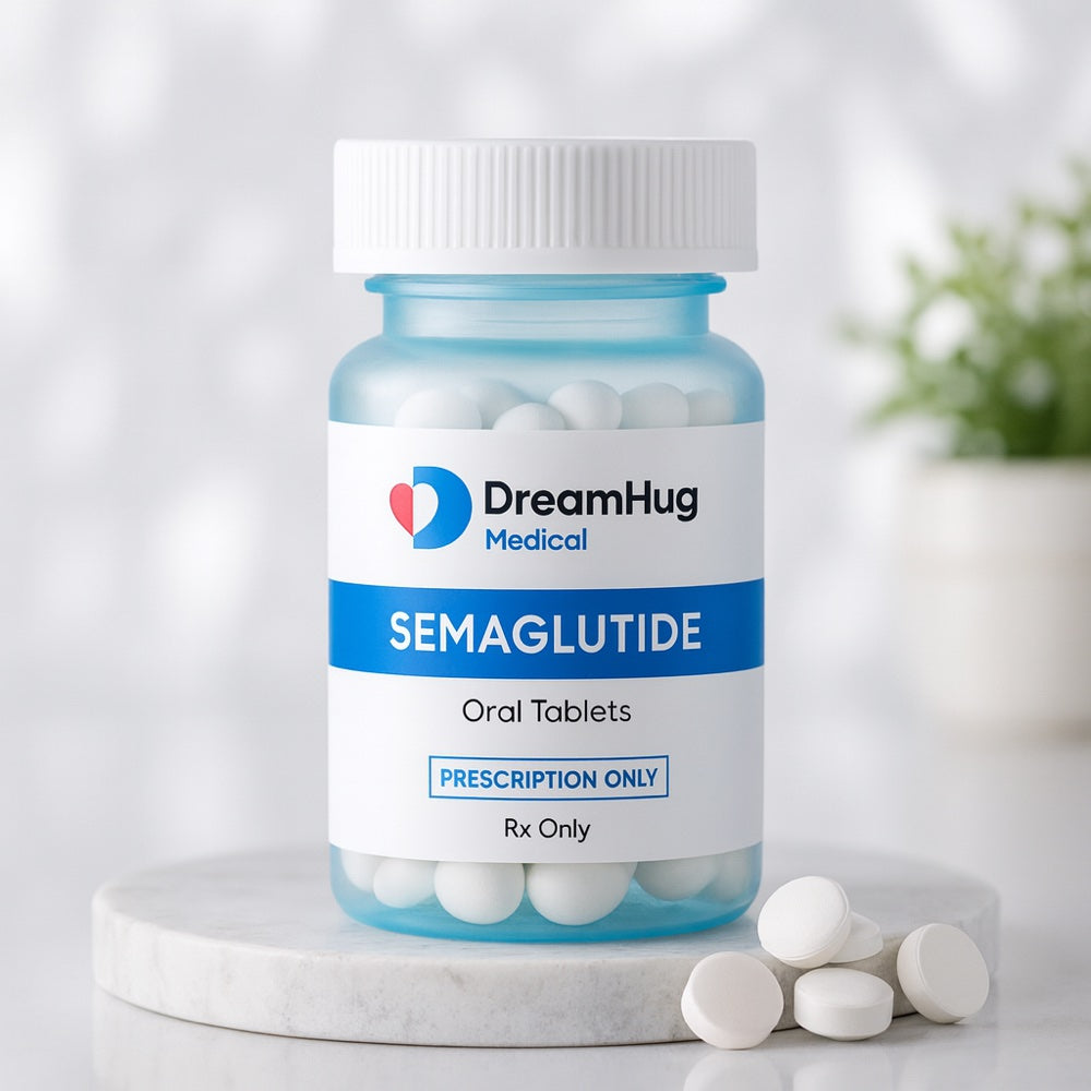 DreamHug Medical semaglutide oral tablets bottle with loose tablets